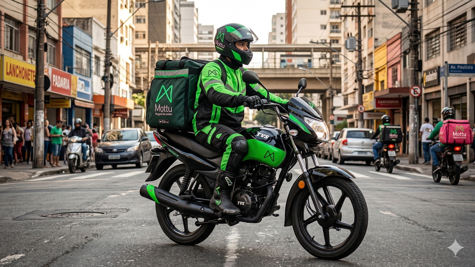 Entregador Mottu pilotando moto de delivery com bag e capacete verde