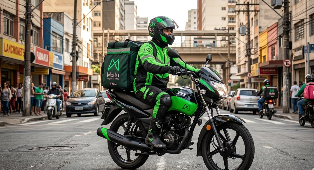 Entregador Mottu pilotando moto de delivery com bag e capacete verde